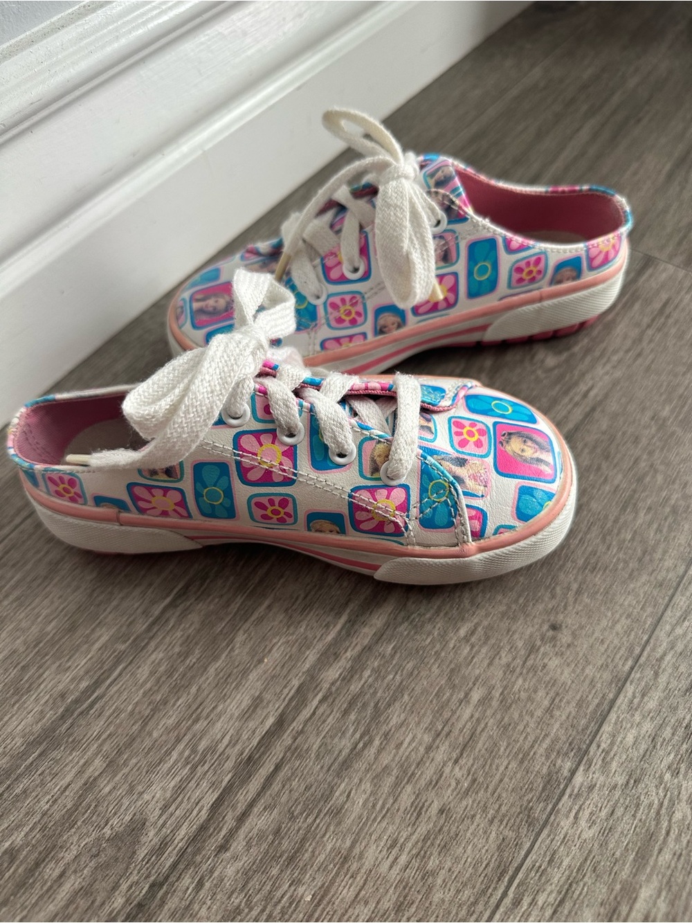 Barbie Pink, Blue & White Floral Tile Lace-Up Kids Sneakers